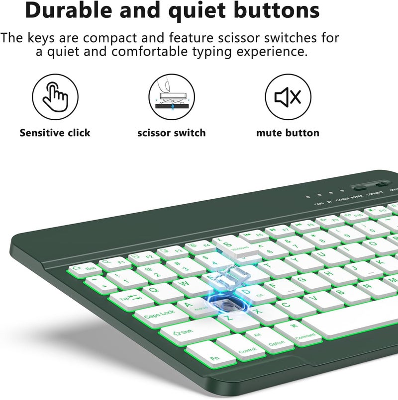 HZD Bluetooth Keyboard, iPad Tablet Rechargeable Wireless Keyboard, QWERTY Quiet Portable Compatible Windows/Android/iOS for iPad, iPhone, Samsung, Lenovo, Huawei (Dark Green) - Image 3