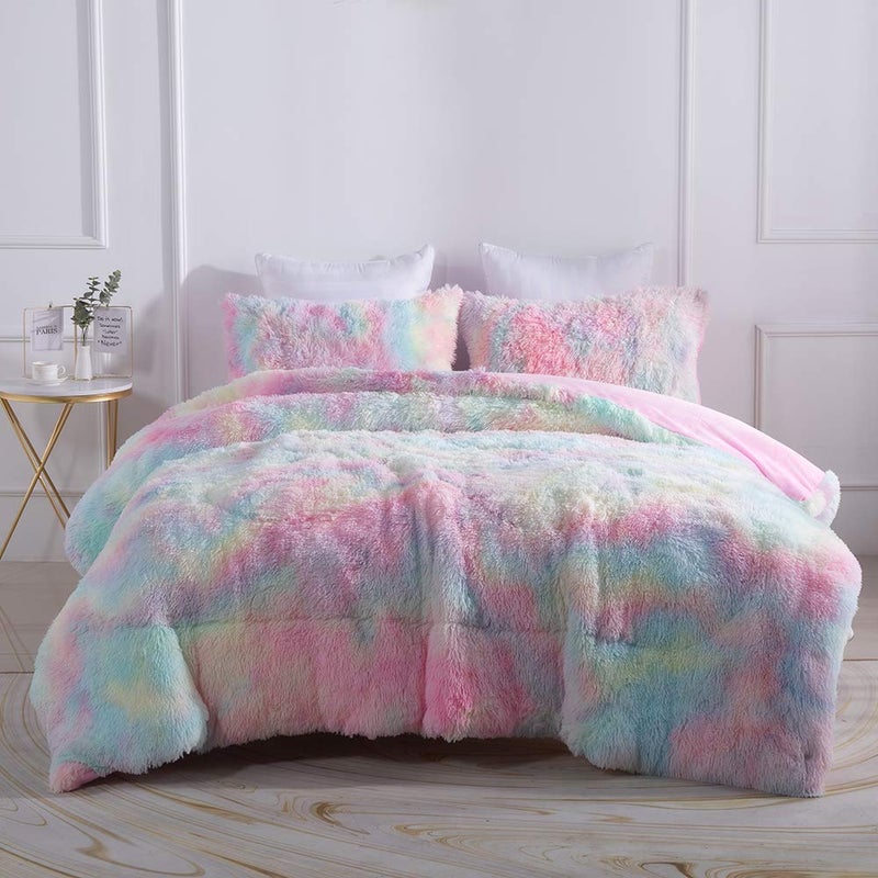 Wajade Faux Fur Plush Rainbow Comforter Set Fluffy Fuzzy Shaggy Bedding Set - 3PC Full/Queen Microfiber Soft Warm Quilt Set - Image 2