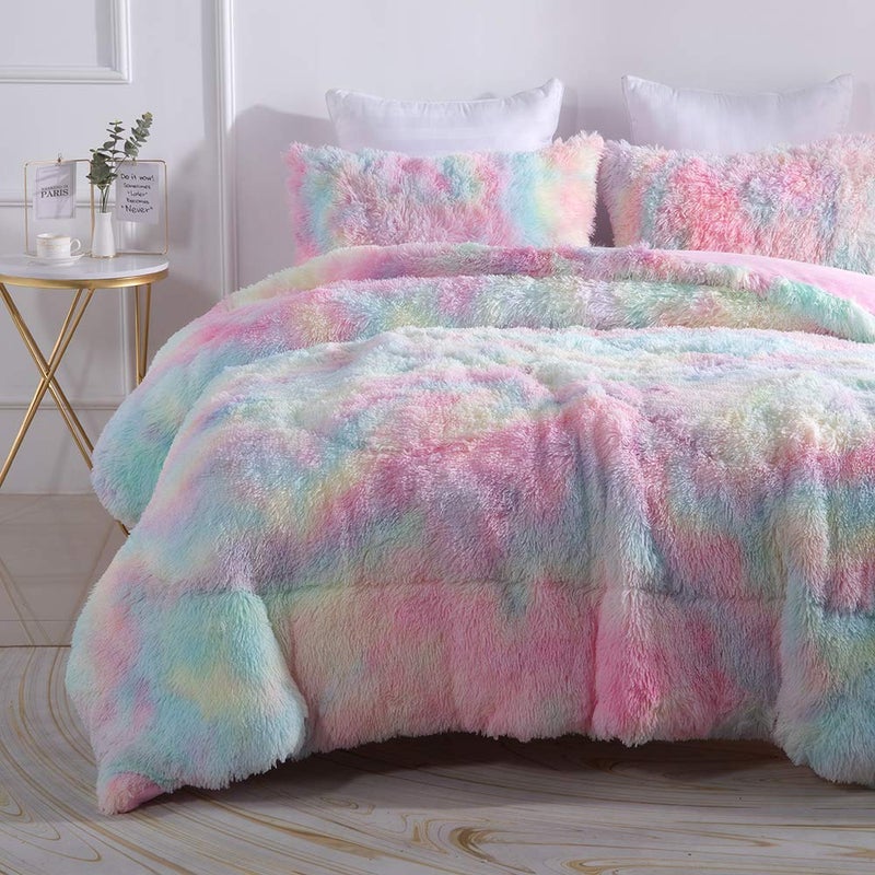 Wajade Faux Fur Plush Rainbow Comforter Set Fluffy Fuzzy Shaggy Bedding Set - 3PC Full/Queen Microfiber Soft Warm Quilt Set - Image 1