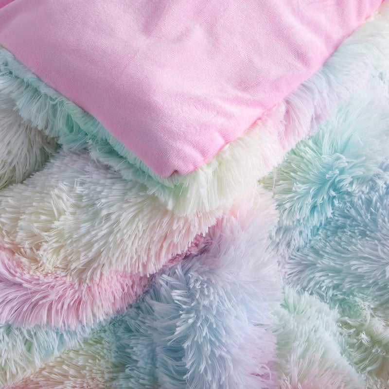 Wajade Faux Fur Plush Rainbow Comforter Set Fluffy Fuzzy Shaggy Bedding Set - 3PC Full/Queen Microfiber Soft Warm Quilt Set - Image 4