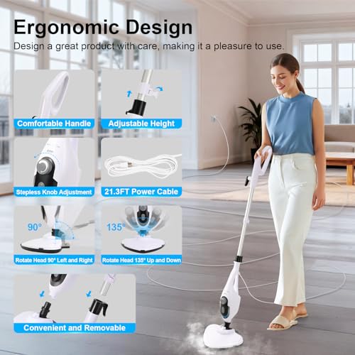 McovaringMee 11-in-1 Steam Mop, 1550W Powerful Handheld Steam Cleaner, 260°F Multi-Functional Floor Steamer with 21.3FT Cord for Floors, Hardwood, Tiles, Grout, Windows, Kitchen, Bath, Adjustable (White) - Image 3