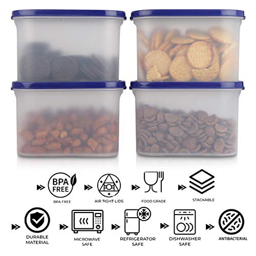 Cutting EDGE 1200ml Anti-Bacterial Modular Plastic Storage Container Set of 4, BPA-Free, Airtight Lid, Leakproof, Stackable Organizer for Pantry, Rice, Grains & Pulses (Navy Blue Lids) - Image 3