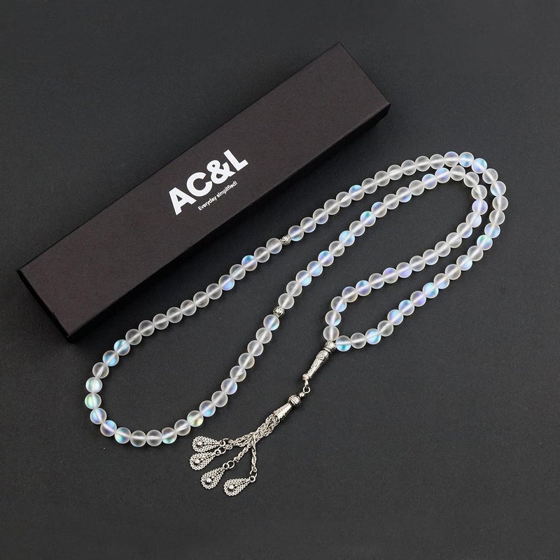 AC&L Transluscent White Glitter Natural Agate Tasbeeh Prayer Beads - 8mm Stones - Image 3