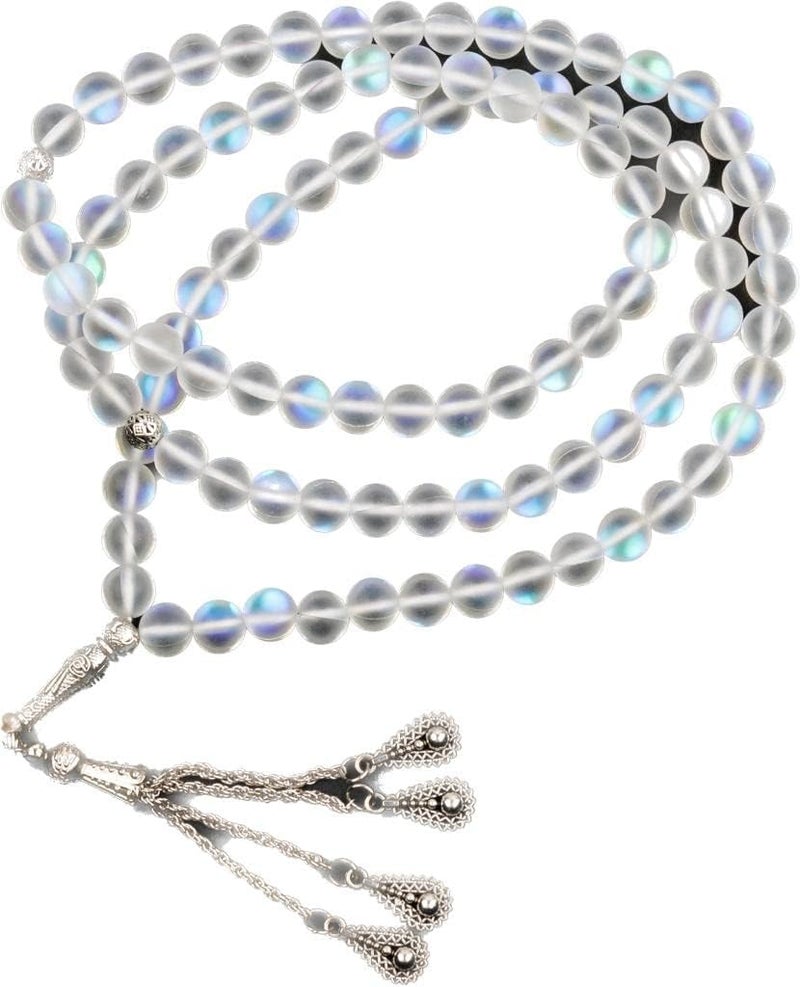 AC&L Transluscent White Glitter Natural Agate Tasbeeh Prayer Beads - 8mm Stones - Image 1