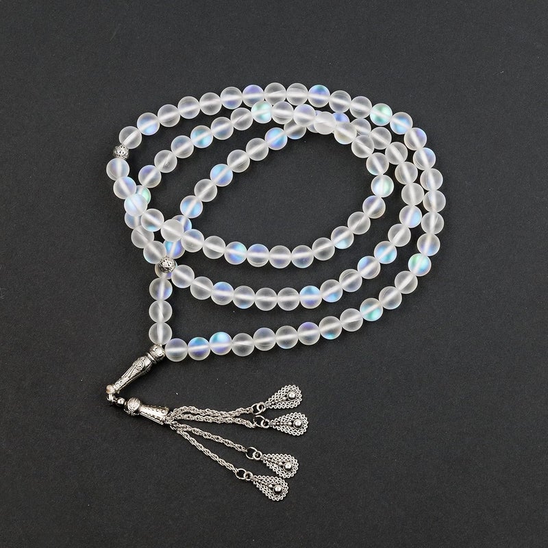 AC&L Transluscent White Glitter Natural Agate Tasbeeh Prayer Beads - 8mm Stones - Image 2