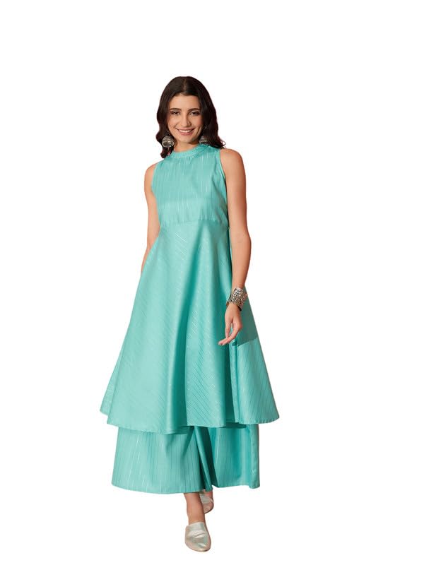 InWeave TEAL LUREX BOHO SLEEVLESS KURTA SET - Image 1