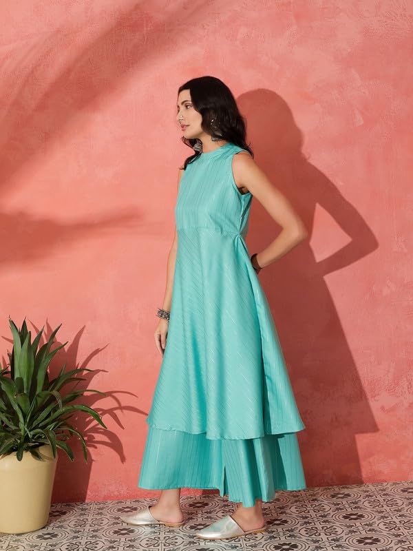 InWeave TEAL LUREX BOHO SLEEVLESS KURTA SET - Image 2