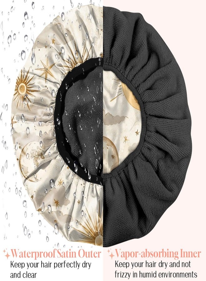 BHAHB Luxury Shower Cap Reusable Terry Cloth Lined EVA Triple Waterproof Layer Elastic Hair Bath Caps for Women Girls Cute-Sun - Image 5