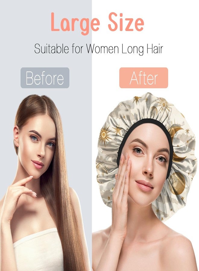 BHAHB Luxury Shower Cap Reusable Terry Cloth Lined EVA Triple Waterproof Layer Elastic Hair Bath Caps for Women Girls Cute-Sun - Image 4