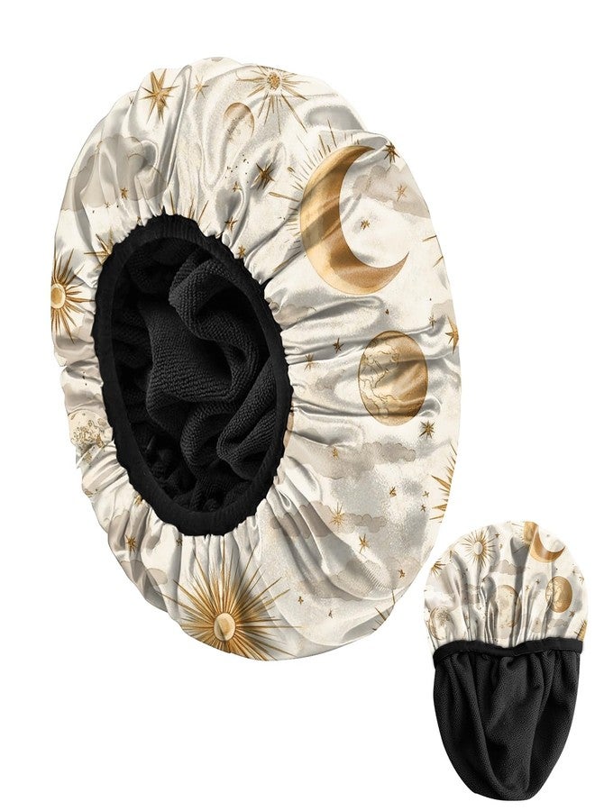 BHAHB Luxury Shower Cap Reusable Terry Cloth Lined EVA Triple Waterproof Layer Elastic Hair Bath Caps for Women Girls Cute-Sun - Image 1