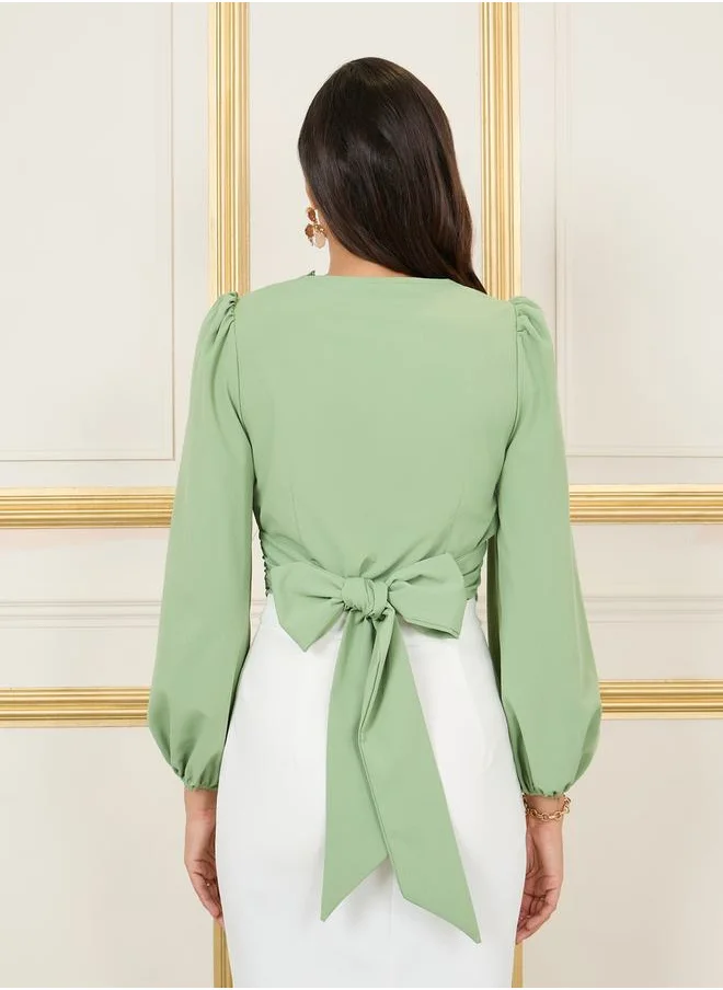 Styli Crepe Lace Trim Back Tie Up Crop Top