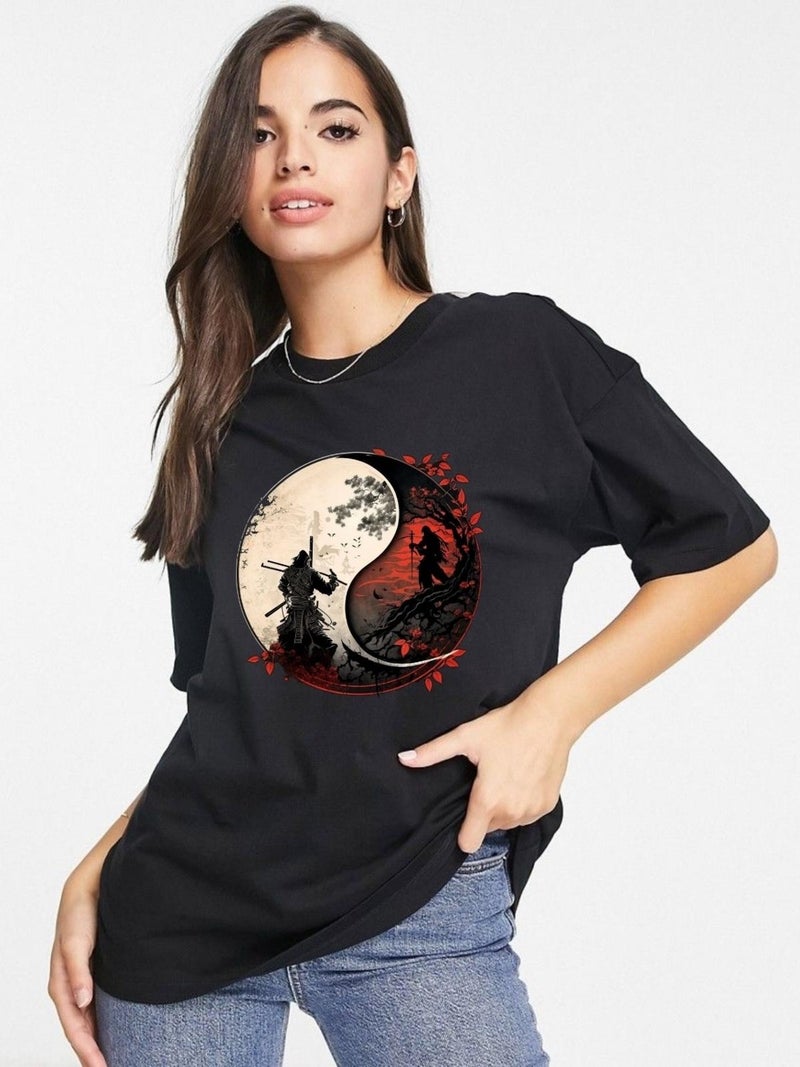 Yin Yang Design Cotton Oversize T-Shirt. Yin Yang and Samurai Themed Unisex T-Shirt