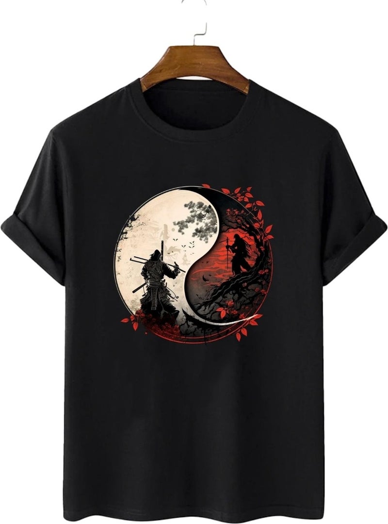 Yin Yang Design Cotton Oversize T-Shirt. Yin Yang and Samurai Themed Unisex T-Shirt