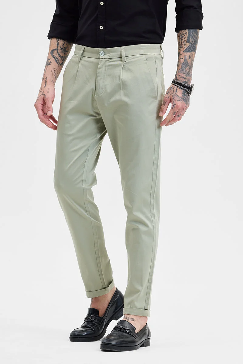 SNITCH Light Green Slim Fit Pleated Trousers