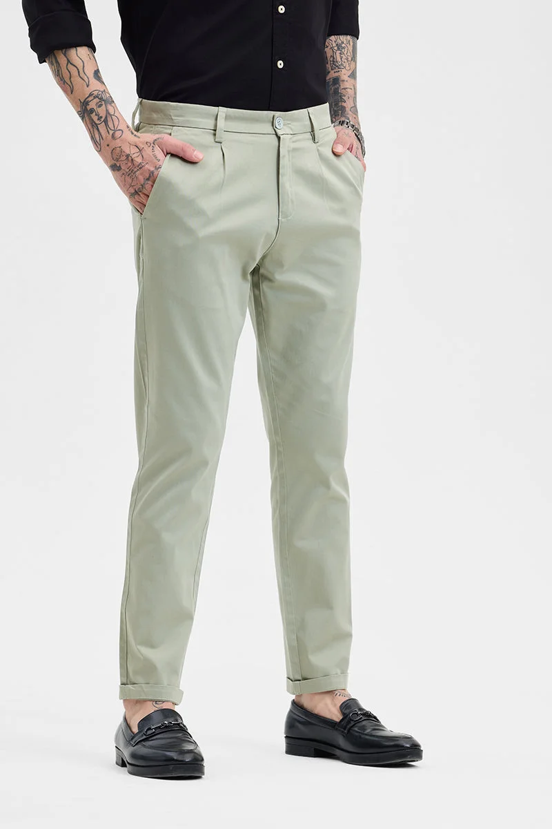 SNITCH Light Green Light Green Slim Fit Pleated Trousers for Men | Best Price UAE