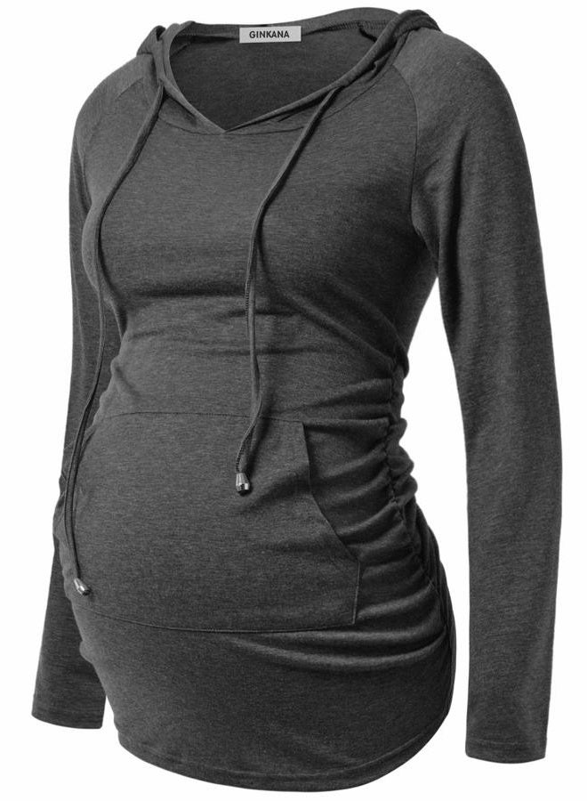 GINKANA Maternity Hoodie Long Sleeves Shirts Casual Maternity Top Pregnancy Sweatshirt Casual Clothes, Dark Grey, M - Image 1