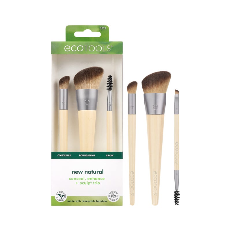 EcoTools New Natural Conceal, Enhance, & Sculpt Trio, Makeup Brushes For Foundation, Concealer, & Brows, Dense, Synthetic Bristles For Sculpting Face, Vegan & Cruelty-Free, 3 Piece Set - Image 1