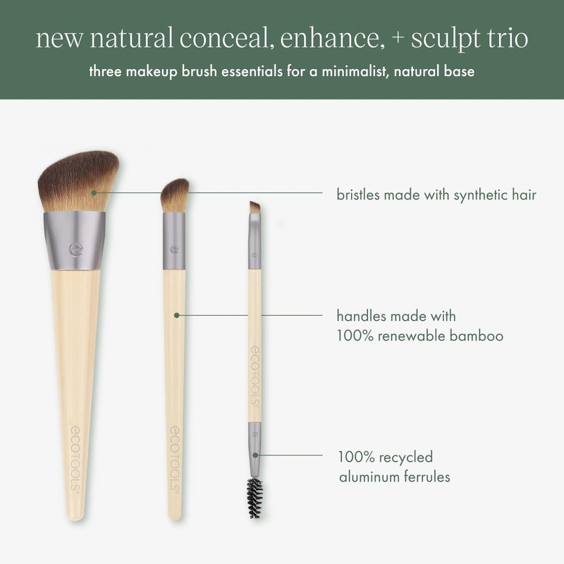 EcoTools New Natural Conceal, Enhance, & Sculpt Trio, Makeup Brushes For Foundation, Concealer, & Brows, Dense, Synthetic Bristles For Sculpting Face, Vegan & Cruelty-Free, 3 Piece Set - Image 3