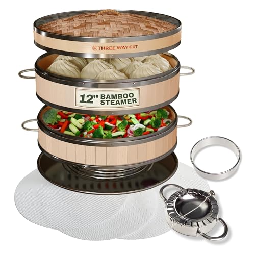 2tier 12 Bamboo Steamer with Reinforcement Handle Reusable Silicone Liner Accessories Kit For Cooking Dumpling Baby Bao Bun Dim Sum Rice Potsticker Steaming Chinese Asian Food Vegetables
