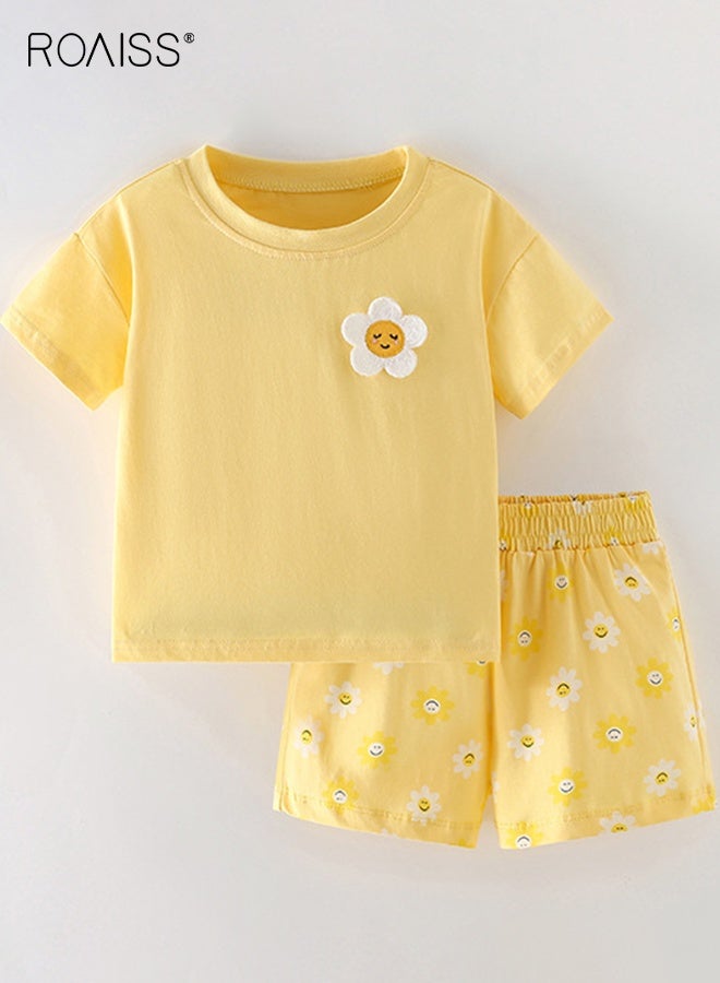 roaiss Girls T-shirt and Shorts Set, Summer Outfit with Adorable Deisgn, 2 Piece Casual Clothing Set with Short Sleeve Top and Floral Short Pants, Suitable for Vacation, Travel, Beach, Running and Daily Wear - Image 2