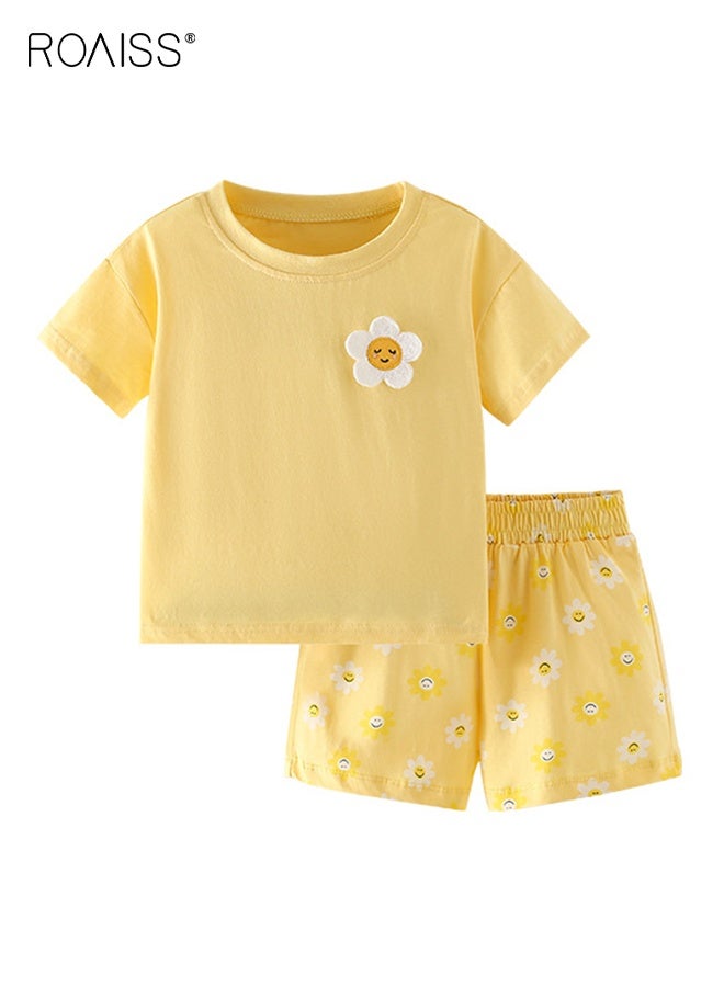 roaiss Girls T-shirt and Shorts Set, Summer Outfit with Adorable Deisgn, 2 Piece Casual Clothing Set with Short Sleeve Top and Floral Short Pants, Suitable for Vacation, Travel, Beach, Running and Daily Wear - Image 1
