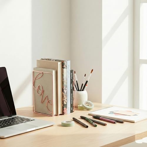 oddpod™ Rose Gold Love Decorative Metal Bookends/Non-Slip Desktop Book Shelf Organiser for Office Decor, Home, Living Room, School & Library (Set of 2) - Image 2