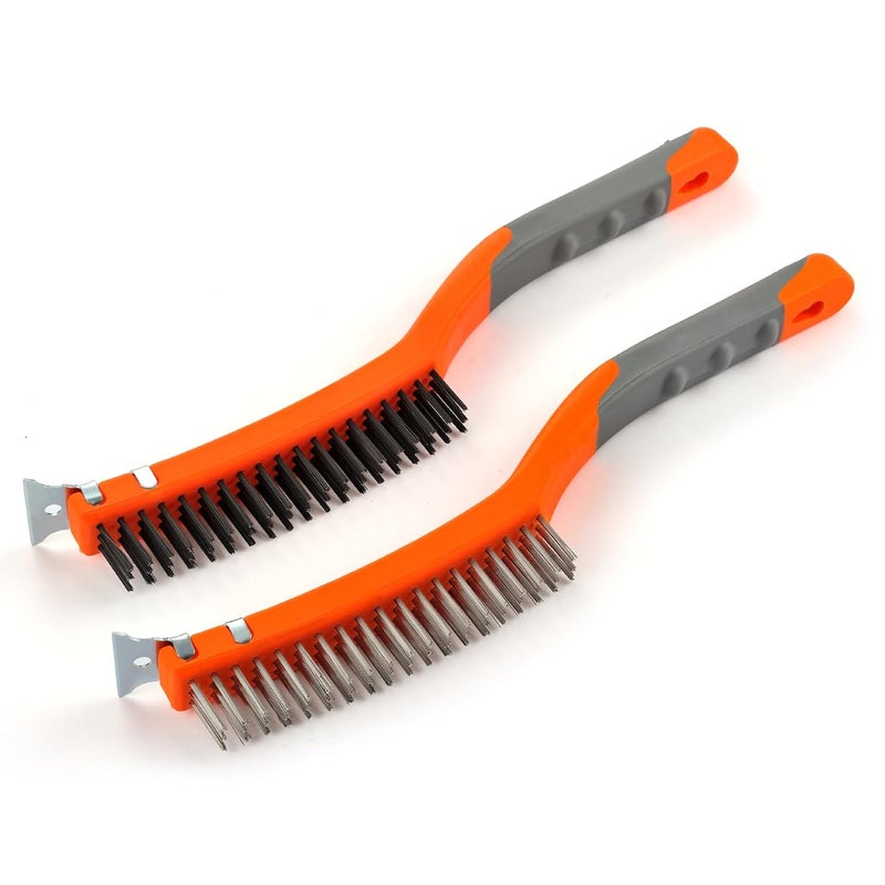 MAXMAN Wire Brushes 2 Pcs, 14 Inch Stainless and Carbon Steel Wire Scratch Brush, Wire Brush Set with Metal Scraper, Heavy Duty Wire Brush for Cleaning Rust, Automotive, Paint, Welding - Image 1