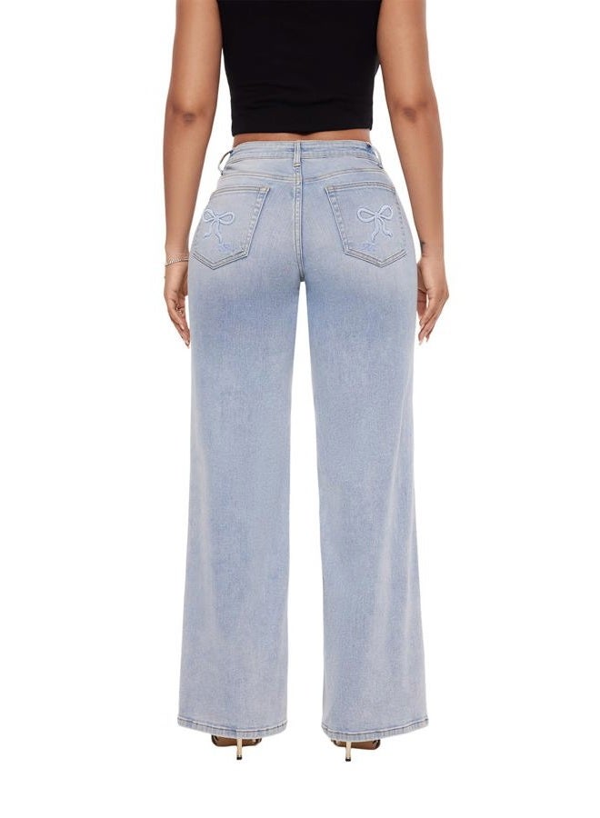 ONESO Mid-Low Rise Baggy Jeans Wide Leg for Women Distressed Pants Stretchy Bottom Lady Basic Comfortable Denim, 2-butterfly Print Pocket, 27 - Image 2