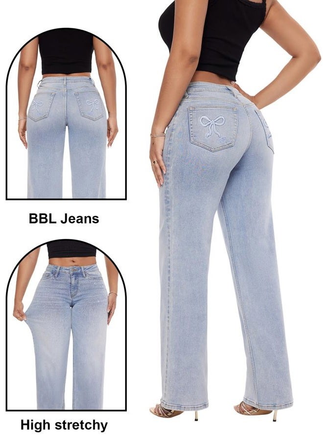 ONESO Mid-Low Rise Baggy Jeans Wide Leg for Women Distressed Pants Stretchy Bottom Lady Basic Comfortable Denim, 2-butterfly Print Pocket, 27 - Image 4