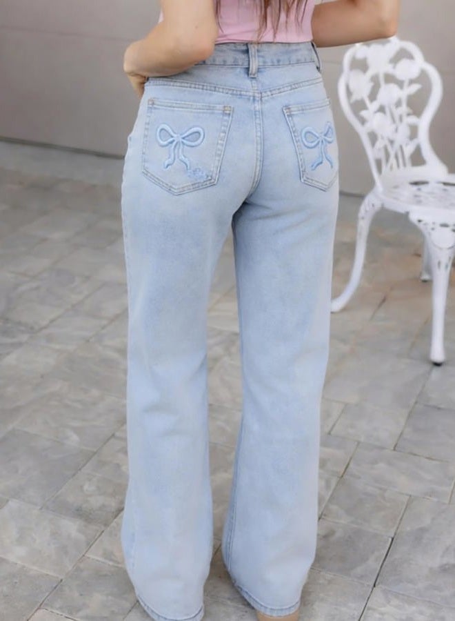 ONESO Mid-Low Rise Baggy Jeans Wide Leg for Women Distressed Pants Stretchy Bottom Lady Basic Comfortable Denim, 2-butterfly Print Pocket, 27 - Image 5