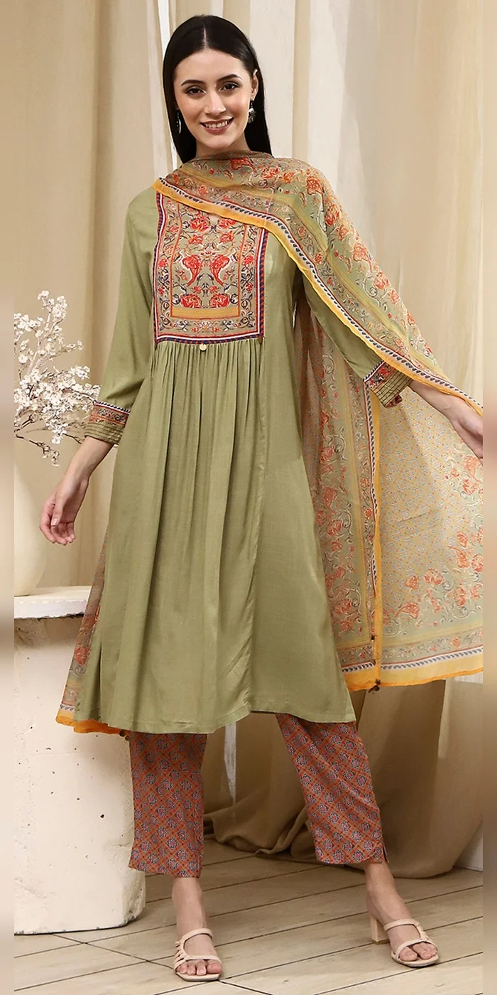Biba  Women Light Green Solid Gathered Straight Suit Set  | Best Price UAE