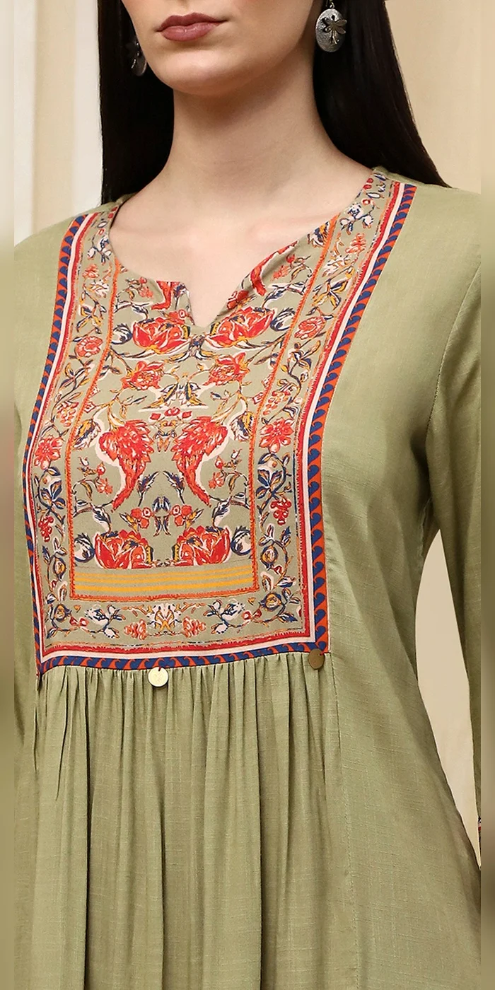 Biba  Women Light Green Solid Gathered Straight Suit Set  | Best Price UAE