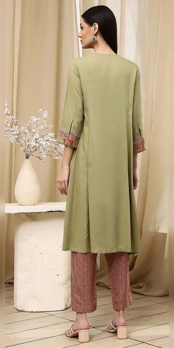 Biba  Women Light Green Solid Gathered Straight Suit Set  | Best Price UAE