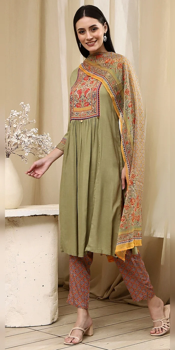 Biba  Women Light Green Solid Gathered Straight Suit Set  | Best Price UAE