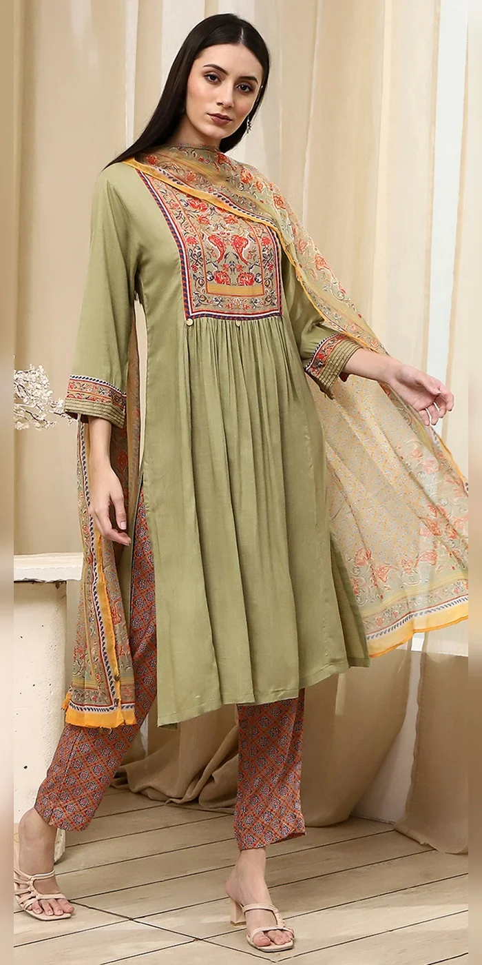 Biba  Women Light Green Solid Gathered Straight Suit Set  | Best Price UAE