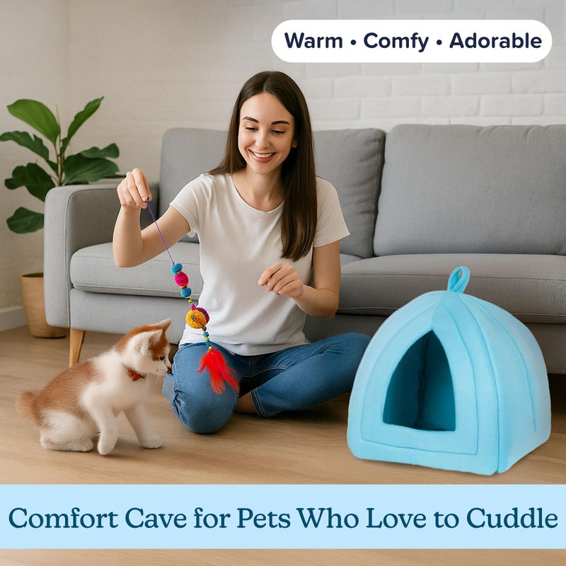 PETMAKER Cat House Indoor Cat Bed with Removable Foam Cushion, Plush Cat Tent Bed for Small Pets, Comfortable Cozy Hideaway for Cats, Kittens, Rabbits, Guinea Pigs, Ferrets, Hedgehogs, by PETMAKER (Blue) - Image 4