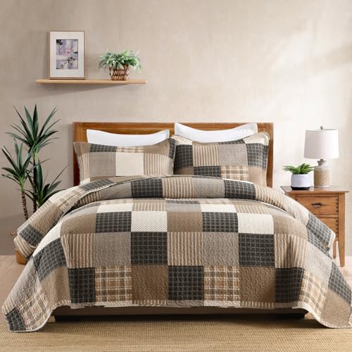 Finlonte Quilt King Size King Quilt Set Cotton Quilt Farmhouse Plaid King Quilted Bedspread Charcoal Beige Brown Lightweight Comforter Bedding Set for All Season 3Piece - Image 1