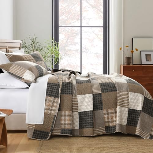 Finlonte Quilt King Size King Quilt Set Cotton Quilt Farmhouse Plaid King Quilted Bedspread Charcoal Beige Brown Lightweight Comforter Bedding Set for All Season 3Piece - Image 3