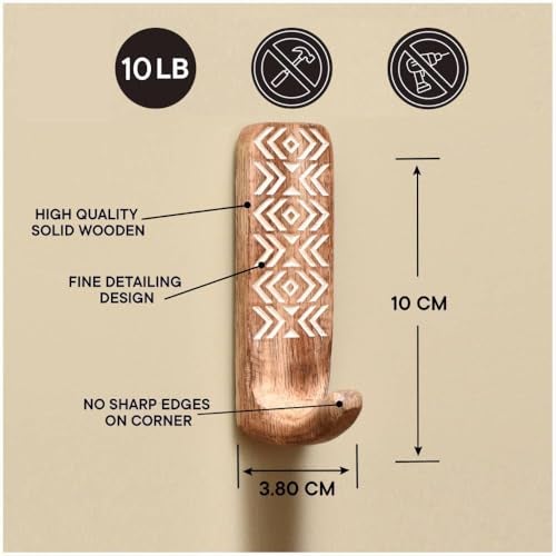 Indian-Shelf Indian Shelf Boho Decorative Wood Adhesive Wall Hooks for Coats – 3 Hooks 6 Strips, Waterproof, Rustproof Towel Holder, No-Drill Hangers for Bathroom & Kitchen – Cute Key Holder for Wall - Image 3