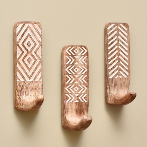 Indian-Shelf Indian Shelf Boho Decorative Wood Adhesive Wall Hooks for Coats – 3 Hooks 6 Strips, Waterproof, Rustproof Towel Holder, No-Drill Hangers for Bathroom & Kitchen – Cute Key Holder for Wall - Image 1