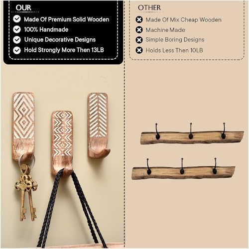 Indian-Shelf Indian Shelf Boho Decorative Wood Adhesive Wall Hooks for Coats – 3 Hooks 6 Strips, Waterproof, Rustproof Towel Holder, No-Drill Hangers for Bathroom & Kitchen – Cute Key Holder for Wall - Image 5