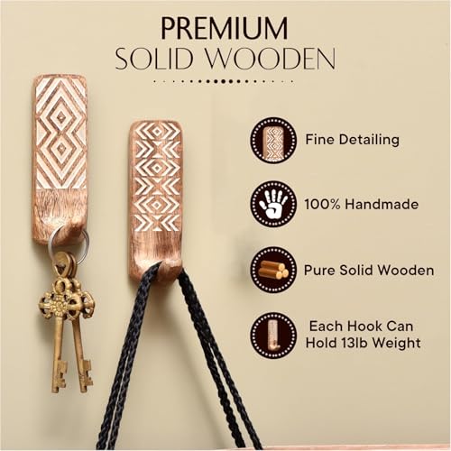 Indian-Shelf Indian Shelf Boho Decorative Wood Adhesive Wall Hooks for Coats – 3 Hooks 6 Strips, Waterproof, Rustproof Towel Holder, No-Drill Hangers for Bathroom & Kitchen – Cute Key Holder for Wall - Image 4