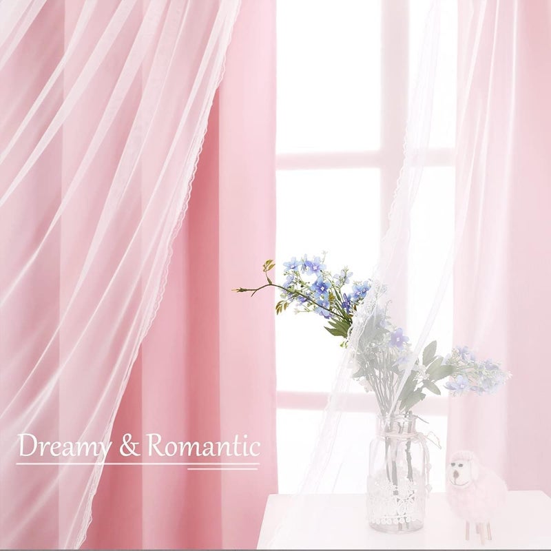 SOFJAGETQ Pink Blackout Curtains with Sheer Overlay, 2 Panels, Thermal Insulated & Soundproof, Lace Trim for Bedroom, Nursery, Living Room - Modern Pink Drapes, Room Darkening Curtains, 52x84 Inches - Image 5