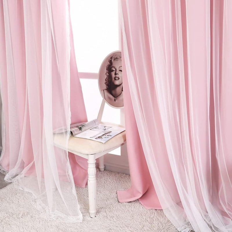 SOFJAGETQ Pink Blackout Curtains with Sheer Overlay, 2 Panels, Thermal Insulated & Soundproof, Lace Trim for Bedroom, Nursery, Living Room - Modern Pink Drapes, Room Darkening Curtains, 52x84 Inches - Image 4