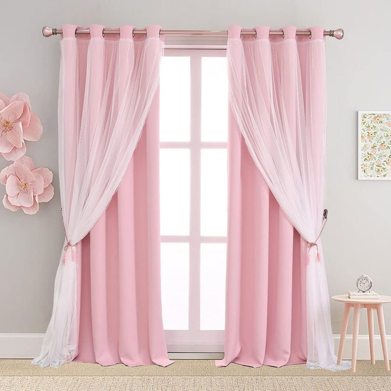 SOFJAGETQ Pink Blackout Curtains with Sheer Overlay, 2 Panels, Thermal Insulated & Soundproof, Lace Trim for Bedroom, Nursery, Living Room - Modern Pink Drapes, Room Darkening Curtains, 52x84 Inches - Image 1