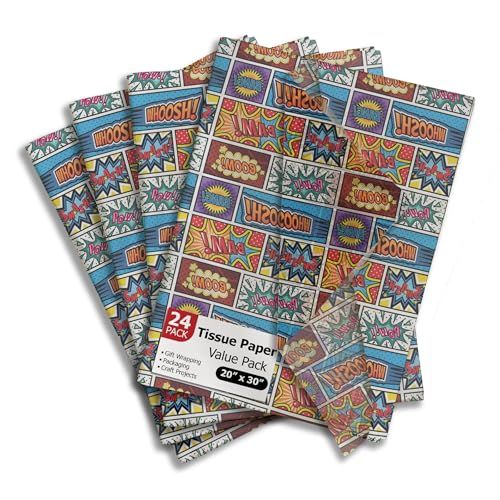 Pro Supply Global Superhero Comic Book Printed Tissue Paper for Boy's Gift Bags or Boxes and Wrapping - Bulk Decorative Art Tissue Paper for Packaging and Gifting | 24 Sheets 20" x 30" - Image 1