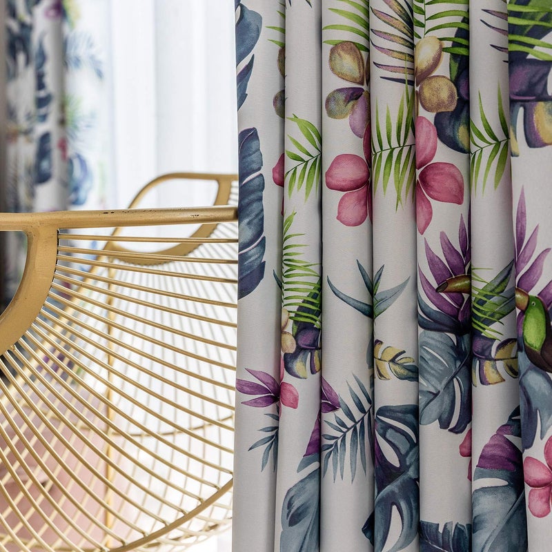 VOGOL Room Darkening Window Curtains Tropical Leaves and Toucan Pattern Blackout Panels for Bedroom 2 Pieces Top Grommet