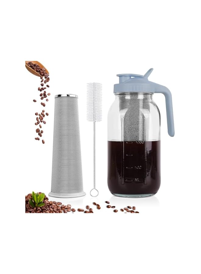 Cold Brew Coffee Maker, 64 oz Wide Mouth Mason Jar Pitcher with Stainless Steel Filter, Pour Spout Handle Lid, Heavy Duty Glass Airtight & Leak-Proof Pitcher for iced Coffee & Tea Lemonade- Gray