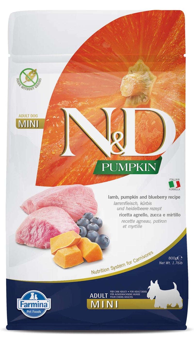 Farmina N&D Pumpkin Adult Mini Dog Food | Lamb, Blueberry & Pumpkin | Rich in Anti-oxidants|Complete Food for Adult Dogs | 0.8kg | No Artificial Preservatives - Image 1