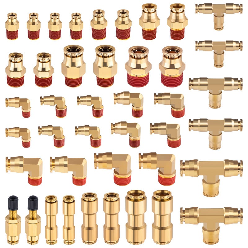 CheeMuii 43 PCS Brass DOT Air Brake Line Fittings 14 38 12 Push to Connect Fittings Quick Connect NPT Thread Tube Air Hose Fittings Repair Kit for Truck or Industrial Air System